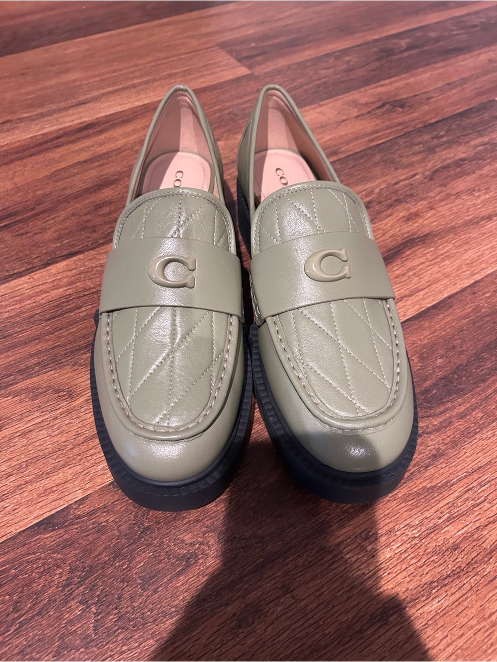 Coach Leah Quilted Olive Green Leather Slip-On Loafers